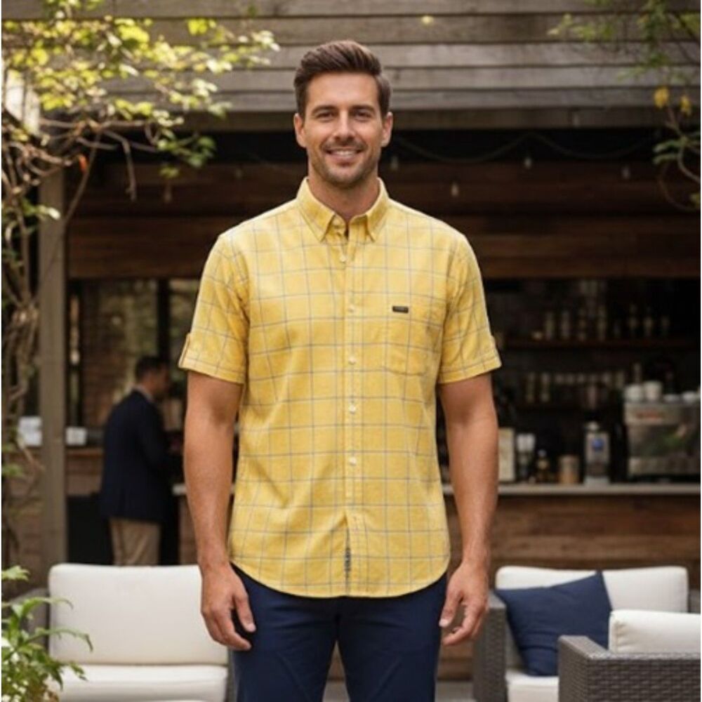 Chaps Ralph Lauren CRL Shirt Vintage Mens Lg Yellow Button Up Short Sleeve Sz L